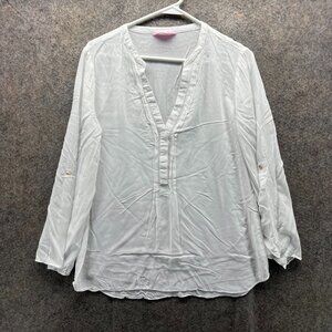 Lilly Pulitzer Elsa Silk Top Women Medium White Long Sleeve Blouse Cotton Shirt
